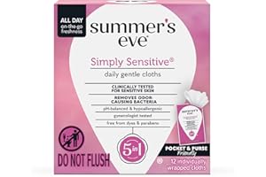Summer's Eve Simply Sensitive Feminine Wipes, Gentle pH-Balanced Micellar Water Based Formula Helps Control Vaginal Odor, Individually Wrapped Wipes, 12 Count