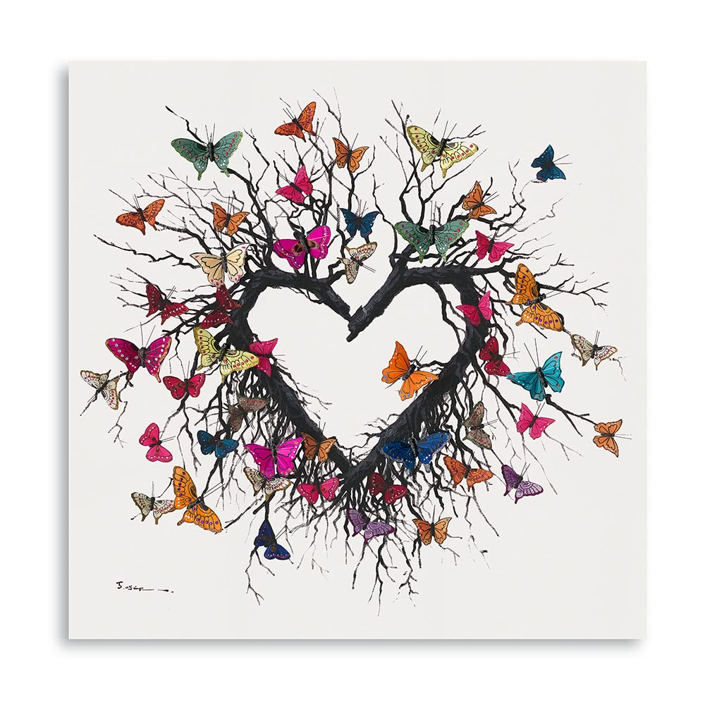 Yidepot Butterfly Canvas Print Wall Art for Bedroom: Heart Shaped Branches Surrounded by Colorful Butterflies Love Themed Picture for Teen Girls (50x50CM)