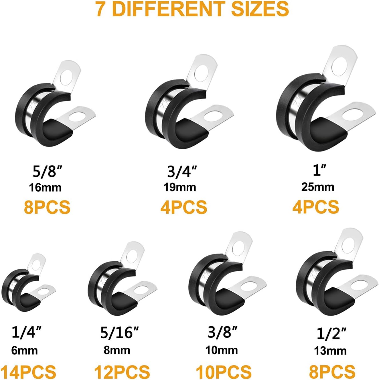 60pcs Cable Clamps Assortment Kit, 304 Stainless Steel Rubber Cushion Pipe Clamps in 7 Sizes 1/4" 5/16" 3/8" 1/2" 5/8" 3/4"1'' - - 