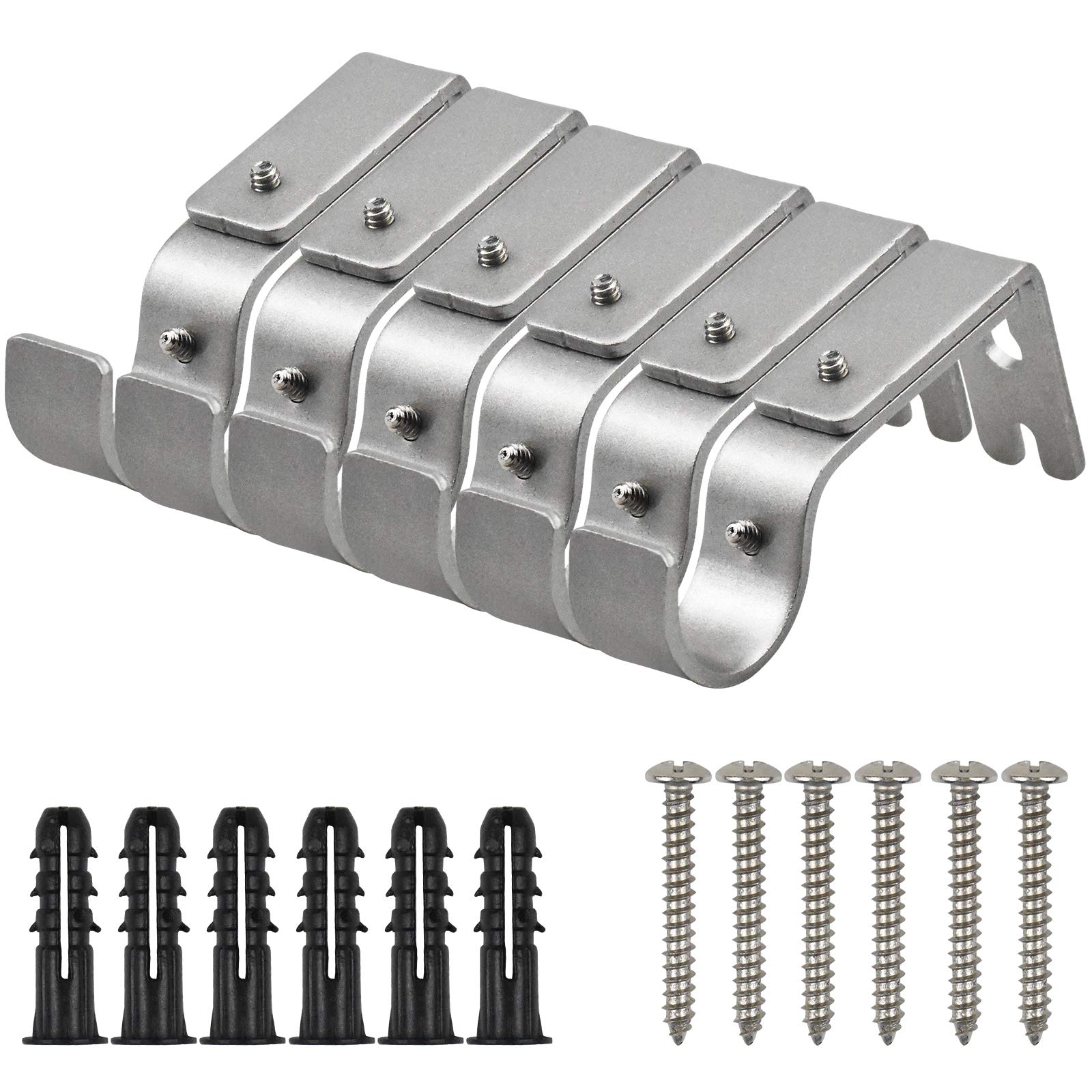 6Pcs Adjustable Roman Rod Bracket, Heavy Duty Curtain Rod Brackets Set Metal Wall Bracket Curtain Rod Support with Screws Adjustable Length from 9 to 12cm for Curtain Rods Smaller than 25mm (Silver)