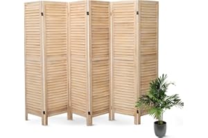 ECOMEX 6 Panel Wood Room Divider, Freestanding Room Divider 5.7FT Tall, Partition Divider with Wooden Frame for Room Separation, for Home Office, Bedroom, Cream-Colored