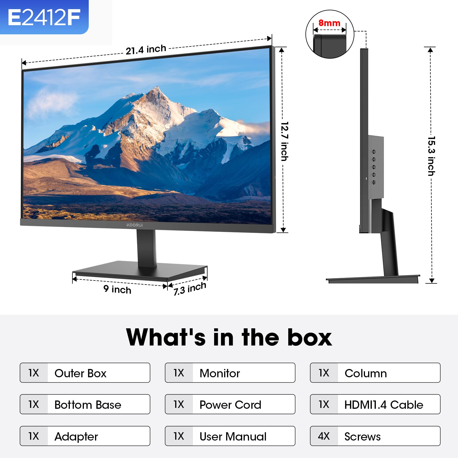 KOORUI 24-inch Computer Monitor Full HD 1920 x 1080p 100Hz VA Display 3000:1 Contrast Ratio with HDMI VGA, Three-Sided Slim Bezels, 100 x 100 mm VESA Mountable, Ergonomic Tilt, Black