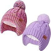 KMOLY Kids Toddler Winter Hat 2PCS,Thick Warm Beanies with Pom Pom Fleece Lined Earflap Knit Hat for Boys Girls Children