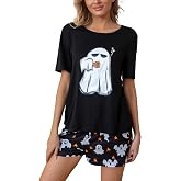 Leevuyu Halloween Pajamas Women 2 Piece Halloween Spooky Lounge Set | Short Sleeve Tops and Shorts Pajamas Pjs Set Sleepwear