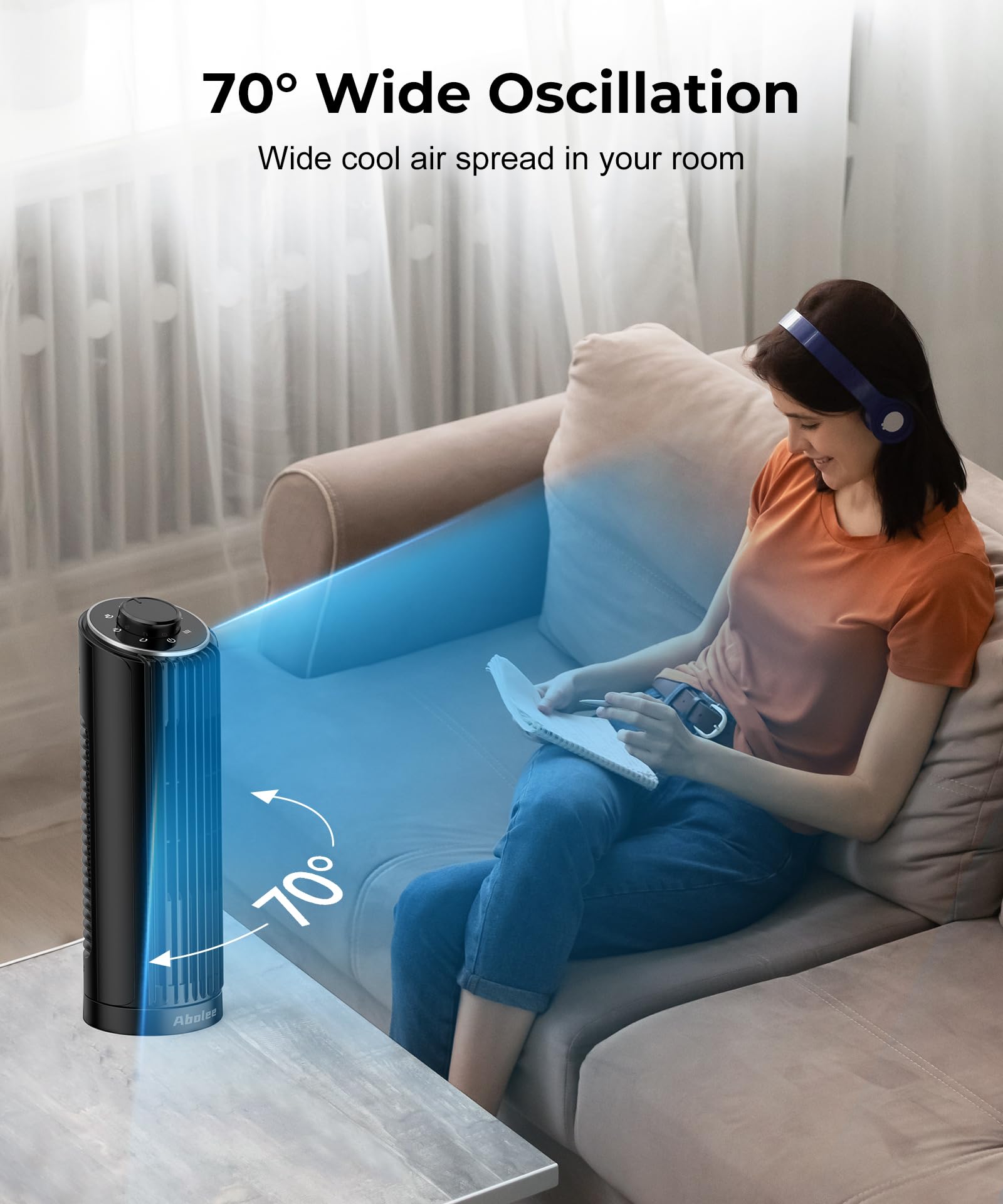 Abolee Tower Fan, 23ft/s Desk Fan, 70° Oscillating Table Fan for Bedroom, Standing Table Fan with 3 Modes, 2024 New 13 Inch Bladeless fan for Bedroom, Home,Office