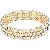 Lavencious Round Shape Rhinestones Thin 3 Rows Elastic Stretch Bracelet Party Jewelry for Women 7"