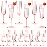 24 Pack Plastic Champagne Flutes Pink Unbreakable Ribbed Champagne Glasses Detachable 5.5 Oz Disposable Stemware Glasses Wine Toasting Cups for Wedding Valentines Engagement Pink Themed Party