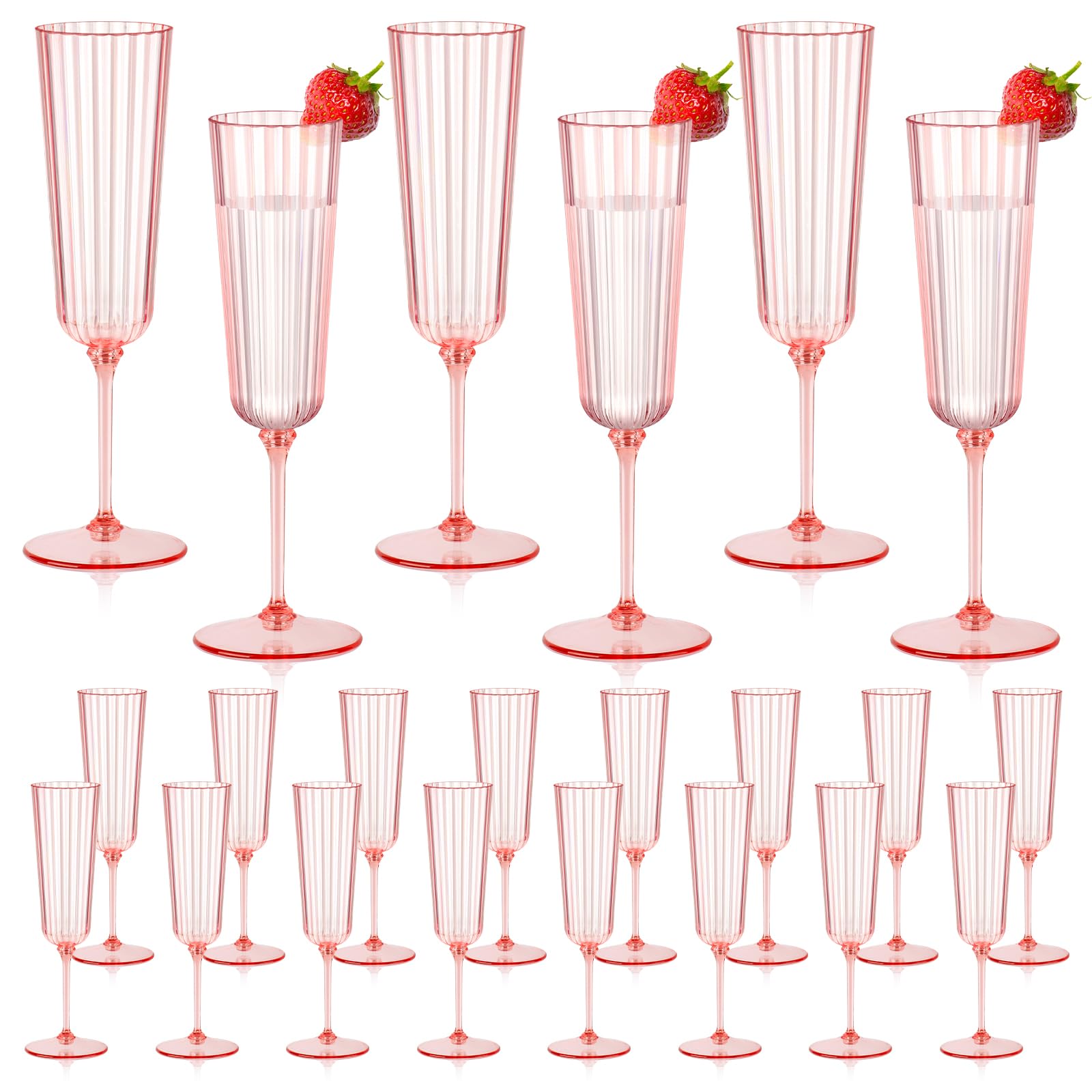 Photo 1 of 24 Pack Plastic Champagne Flutes Pink Unbreakable Ribbed Champagne Glasses Detachable 5.5 Oz Disposable Stemware Glasses Wine Toasting Cups for Wedding Valentines Engagement Pink Themed Party