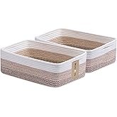 MiniArk Large Shallow Organizing Baskets 15x11x5.1 Inches - Rope Woven Storage Bins for Bathroom, Shelves, Cube Closet, Gradient Brown 2 Packs