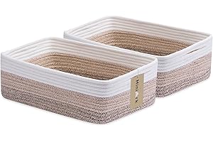 MiniArk Large Shallow Organizing Baskets 15x11x5.1 Inches - Rope Woven Storage Bins for Bathroom, Shelves, Cube Closet, Gradient Brown 2 Packs