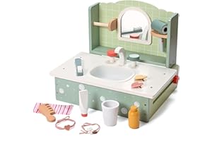 MONT PLEASANT Wooden Makeup Toy Set, 16pcs Pretend Play Makeup Vanity for Little Girls Portable Toddler Dress Up & Wash Table, Pretend Makeup Kit for Kid Hair Salon Playset Girl Vanity Set with Mirror