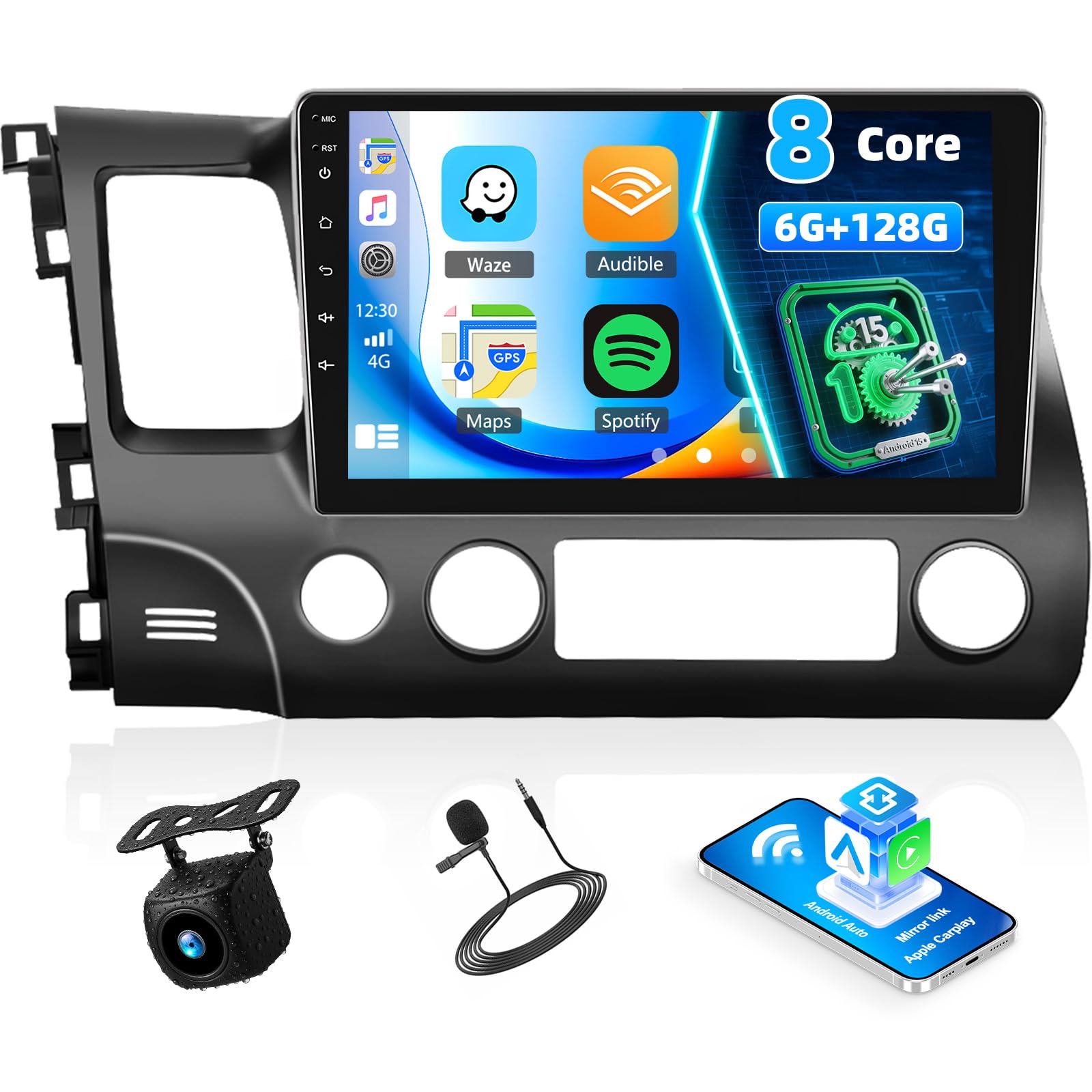 Photo 1 of [8Core 6+128GB] Android 15 Car Stereo for Honda Civic 2006 2007 2008 2009 2010 2011 with CarPlay Android Auto,10.1" IPS Screen Car Radio with Bluetooth GPS WiFi FM/RDS DSP SWC EQ Backup Camera