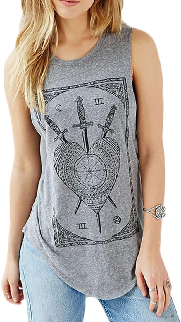 Weigou Summer Vintage Tops Sword Tarot Circle Print Sleeveless T Shirt Women Casual Top Tees Camisa Lady T-Shirt