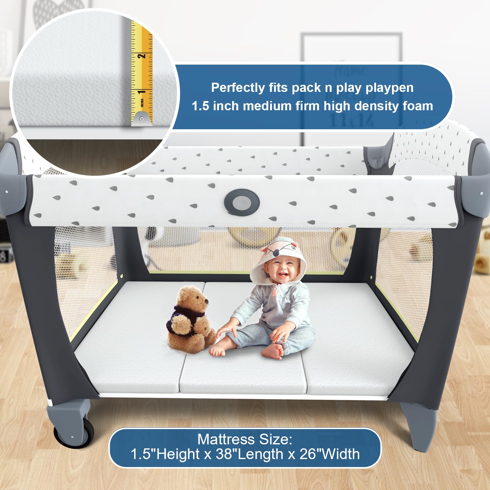 Moonlightfamily Pack n Play Mattress Topper, 38x26 1+1 (Foldable + White) Pack of 2 fits 39.5
