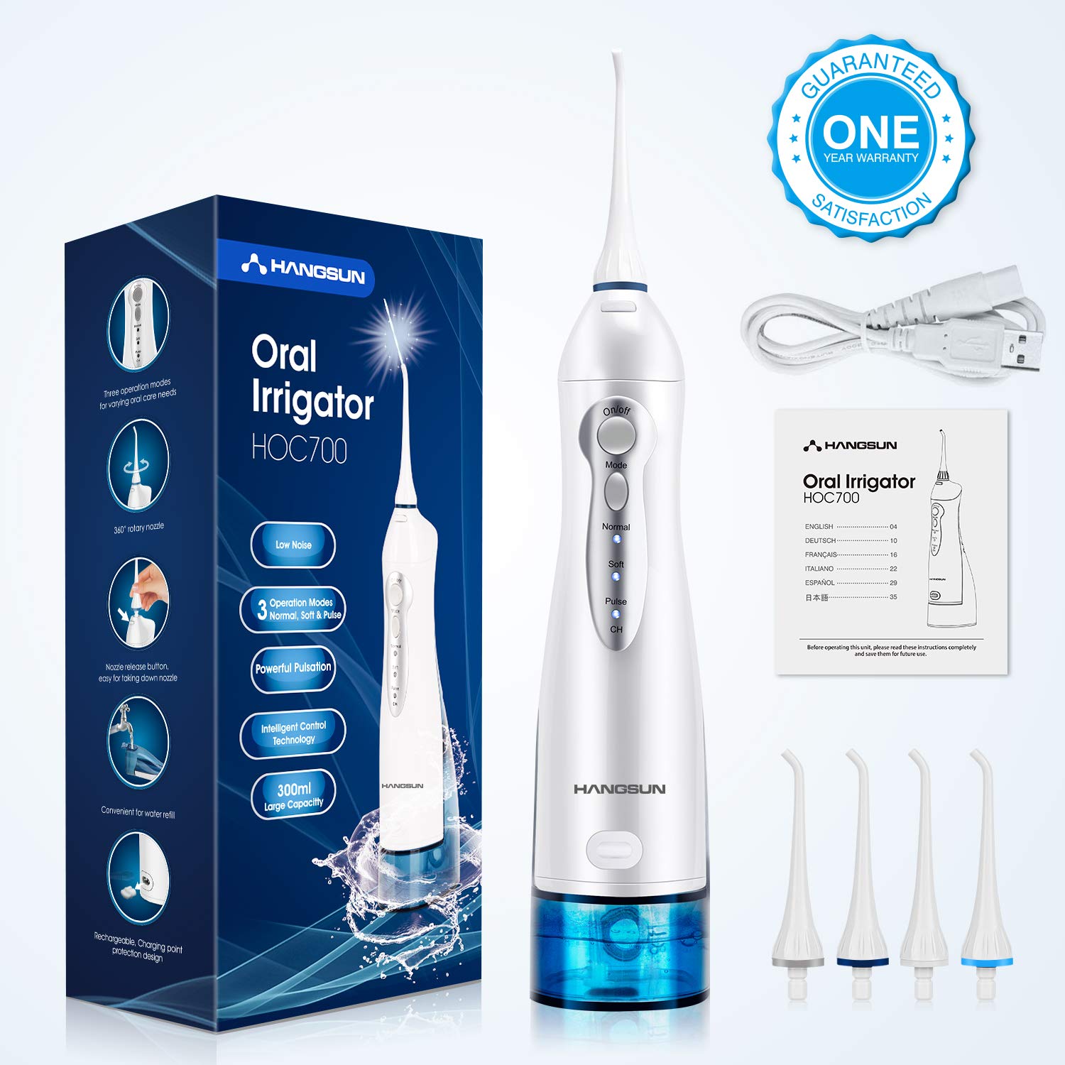 Hangsun Water Flosser Professional Cordless Rechargeable Dental Oral Irrigator Ultra Water Jet for Teeth Braces Care with 4 Jet Tips 3 Modes IPX7 Waterproof 300ML Water Tank for Travel and Home Use: Beauty