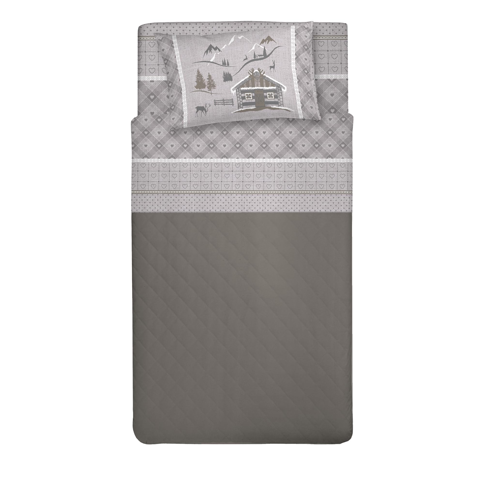 PENSIERI DELICATI Single Bed Set, 100% Cotton, Single Bed Sheet Set, 90 x 200 cm, Including Bottom Sheet, Top Sheet and 1 Pillow Case, Made in Italy, Beige Chalet Design
