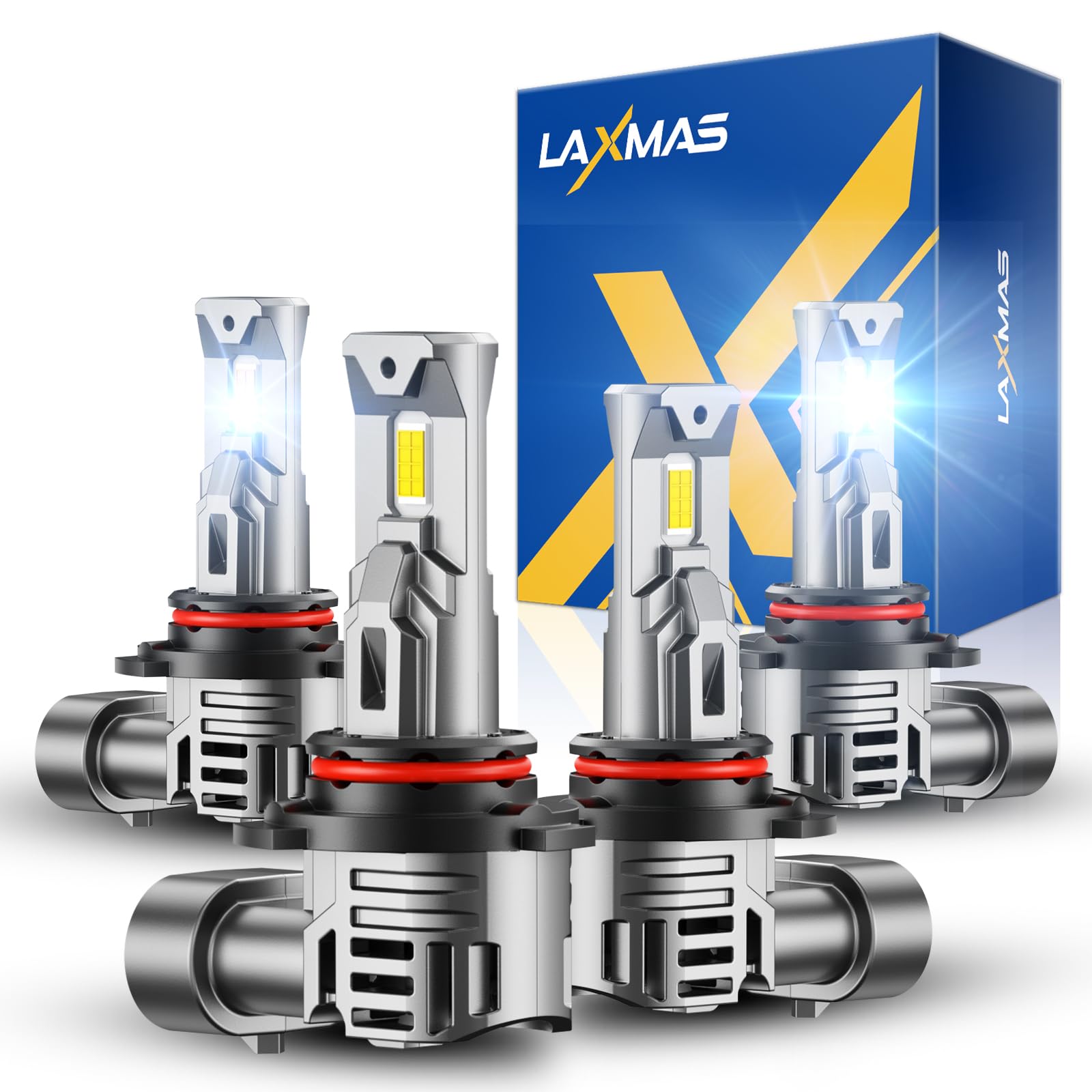 Laxmas LM1-Pro 9005 9006 LED Bulbs, 64,000LM Brightness 6500K Cool White Lights, wireless Lights with 15000 RPM Cooling Fan, 1:1 Real Size, 99% Fit Your Vehicles, Plug-N-Play, 4 Pack