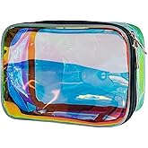 Holographic Makeup Bag with Zipper - 7.87x5.51x3.15inch Iridescent PVC Cosmetic Pouch Clear Waterproof Toiletry Organizer (1-Pack, Blue)