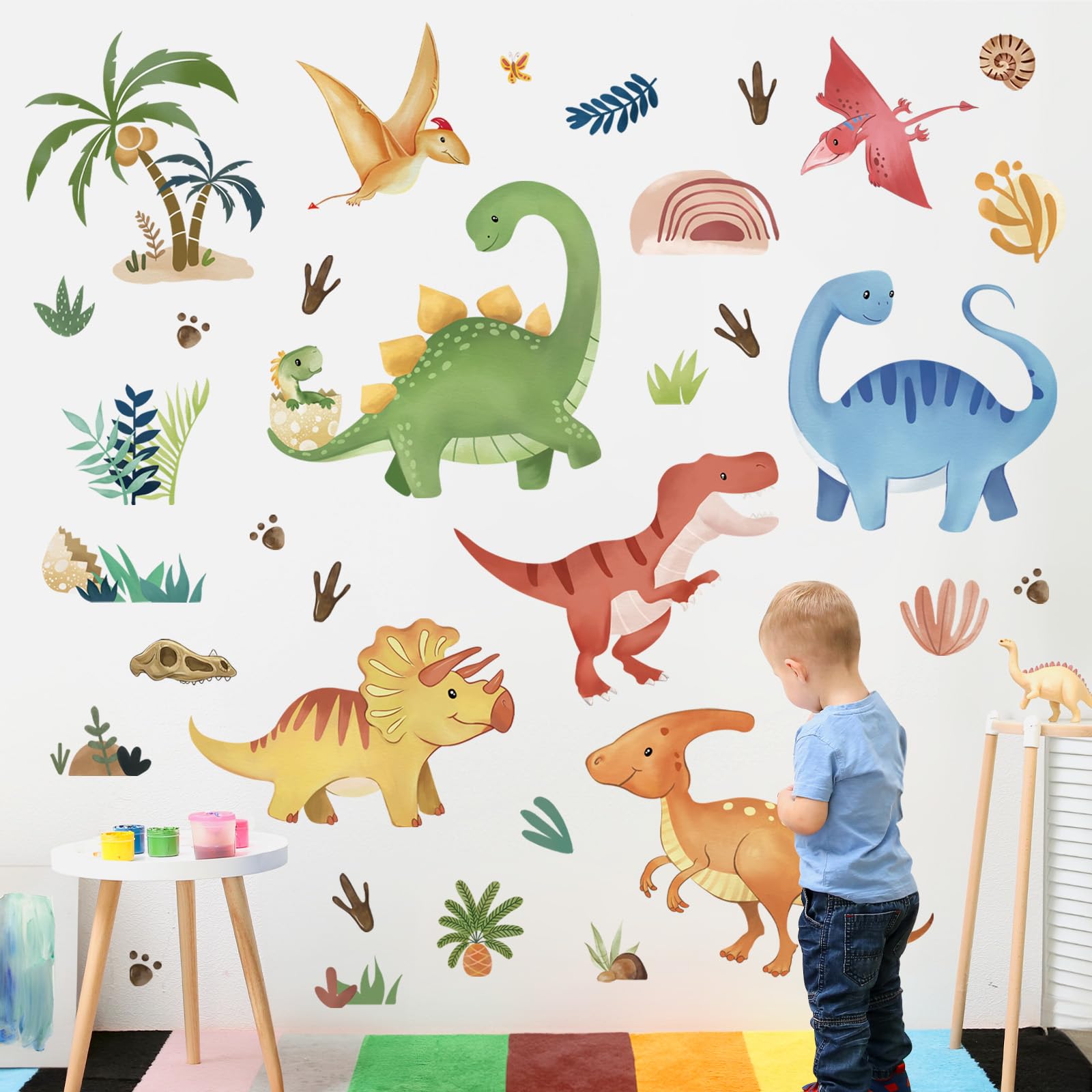 decalmile Boho Watercolor Dinosaur Wall Decals Cute Dino Tropical Palm Wall Stickers Baby Boy Kid Bedroom Playroom Wall Decor