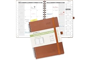 POPRUN Monthly Planner 2025-2026 Medium Size (6.5'' x 8.5'') 18 Months Calendar (Jan 2025 - Jun 2026) - 4 Pages per Month with Monthly Expense & Notes, Vegan Leather Cover - Brown
