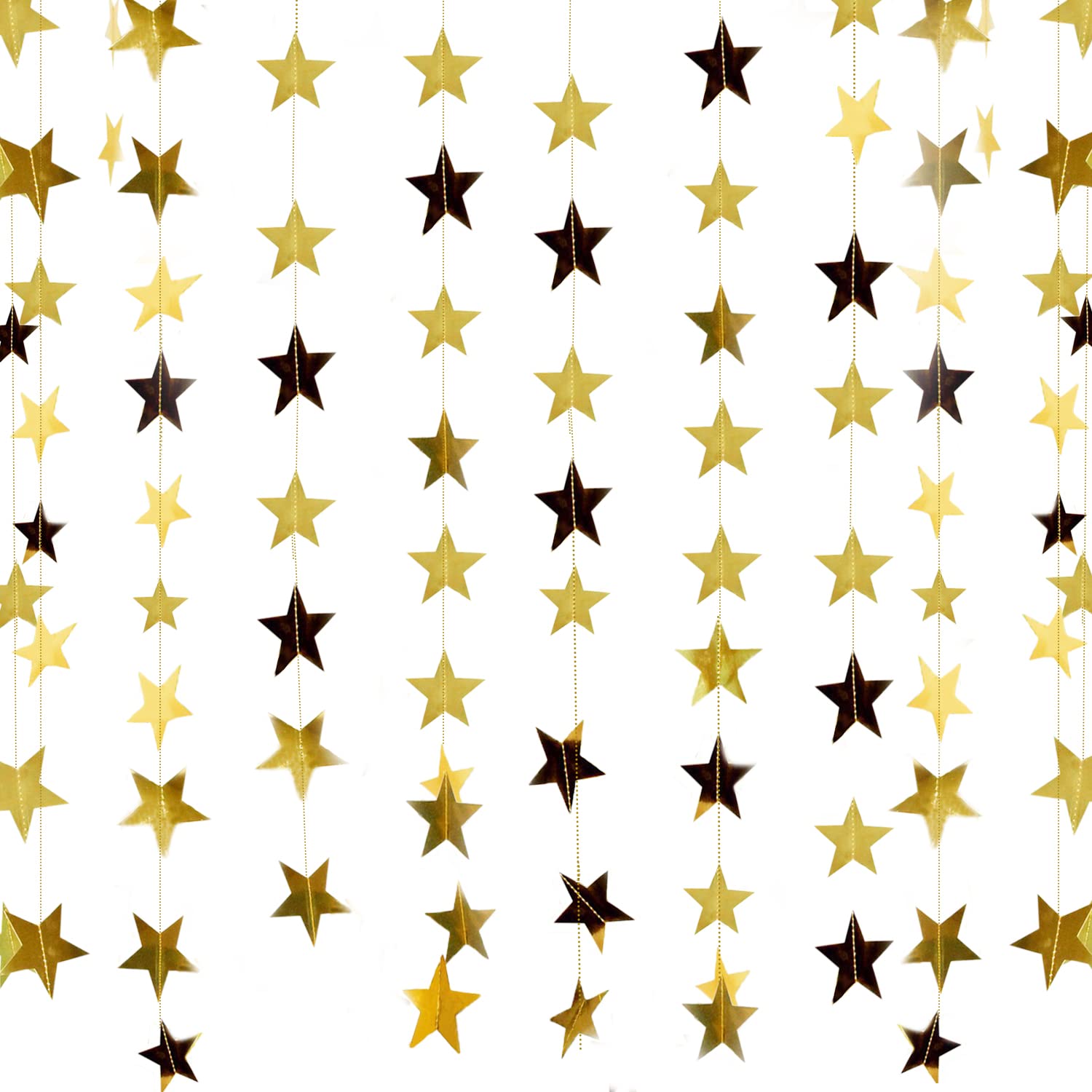 NITAIUN 65 Feet Reflective Star Paper Garland Sparkling Star Bunting Banner for Birthday Holiday Wedding Anniversary Theme Party Supplies and Home Deco, Reflective Banner Backdrop, 2.76 Inches (Gold)