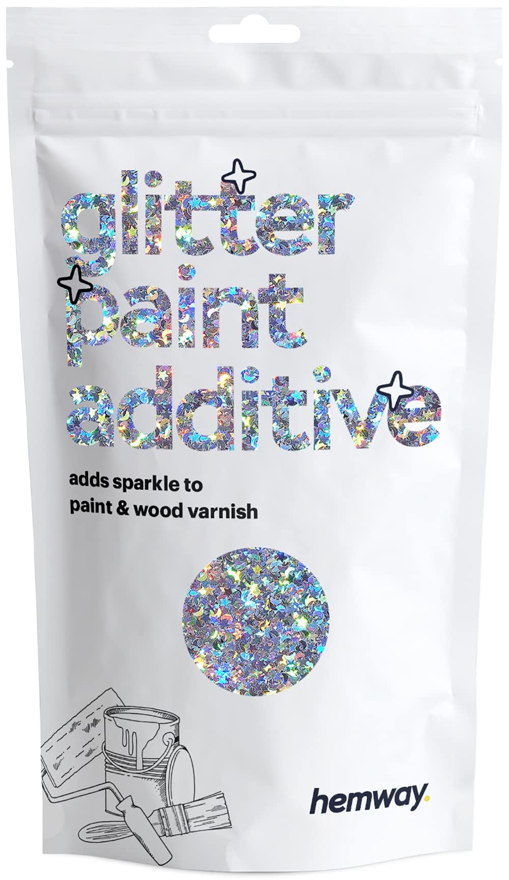 Silver Holographic Stars & Moons Glitter Paint Additive 100g for Adding Sparkle to Paints & Varnish | Paint Walls Sparkly Add to Emulsion, Acrylic or Lacquer Indoor | Hemway