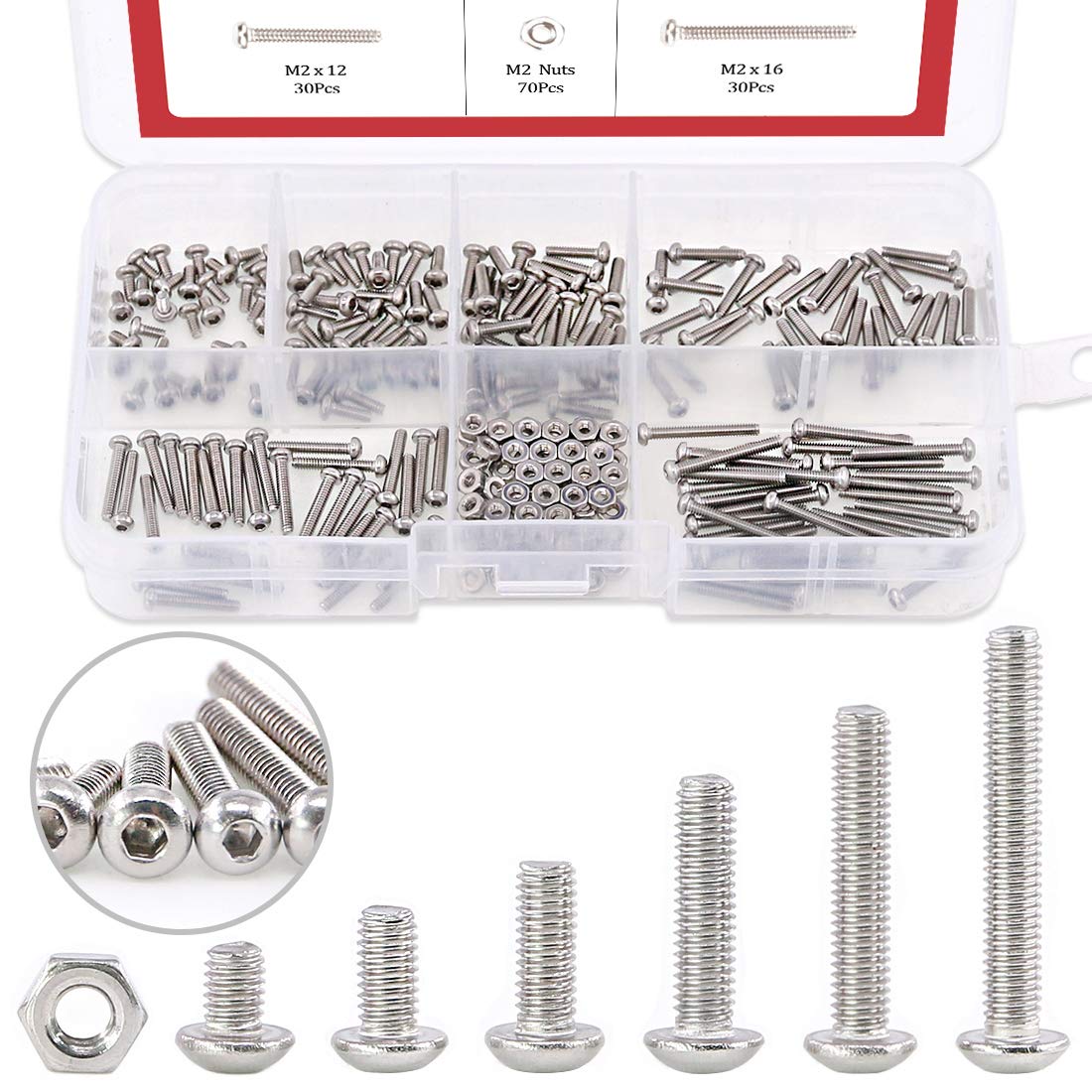 Hilitchi 250-Piece [M2] Stainless Steel Hex Socket Button Head Cap Bolts Screws Nuts Assortment Kit