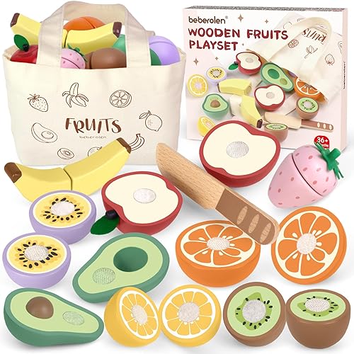 Beberolen Wooden Play Food Set for Children Kitchen Cutting Fruits and Veg Fake Food Toys for Toddlers Pretend Role Play Kitchen Accessories Educational Learning Gifts for Kids Boys and Girls
