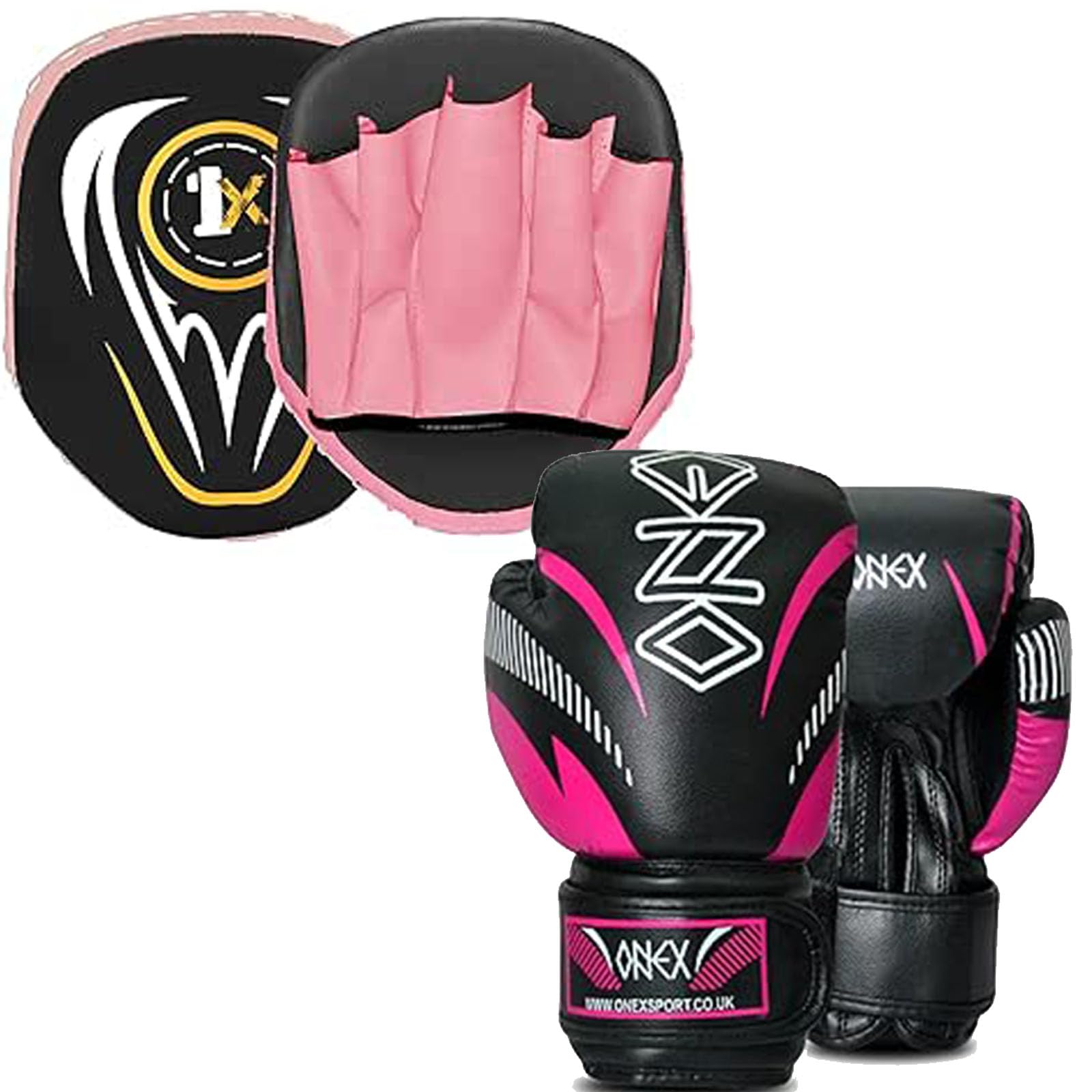 1x Boxing Gloves And Pads Set Focus Punching MMA Boxing Set Sparring Hook And Jab Strike Pad Kickboxing Target Training Set For Boys & Girls (PINK/BLACK)