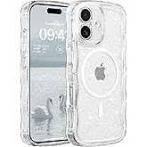 FABSPARK Case for iPhone 16,Compatible with MagSafe,Magnetic Clear Curly Wavy Frame Wave Case with Sparkly Bling Glitter,Transparent Acrylic Hard PC for iPhone 16,Glitter Clear