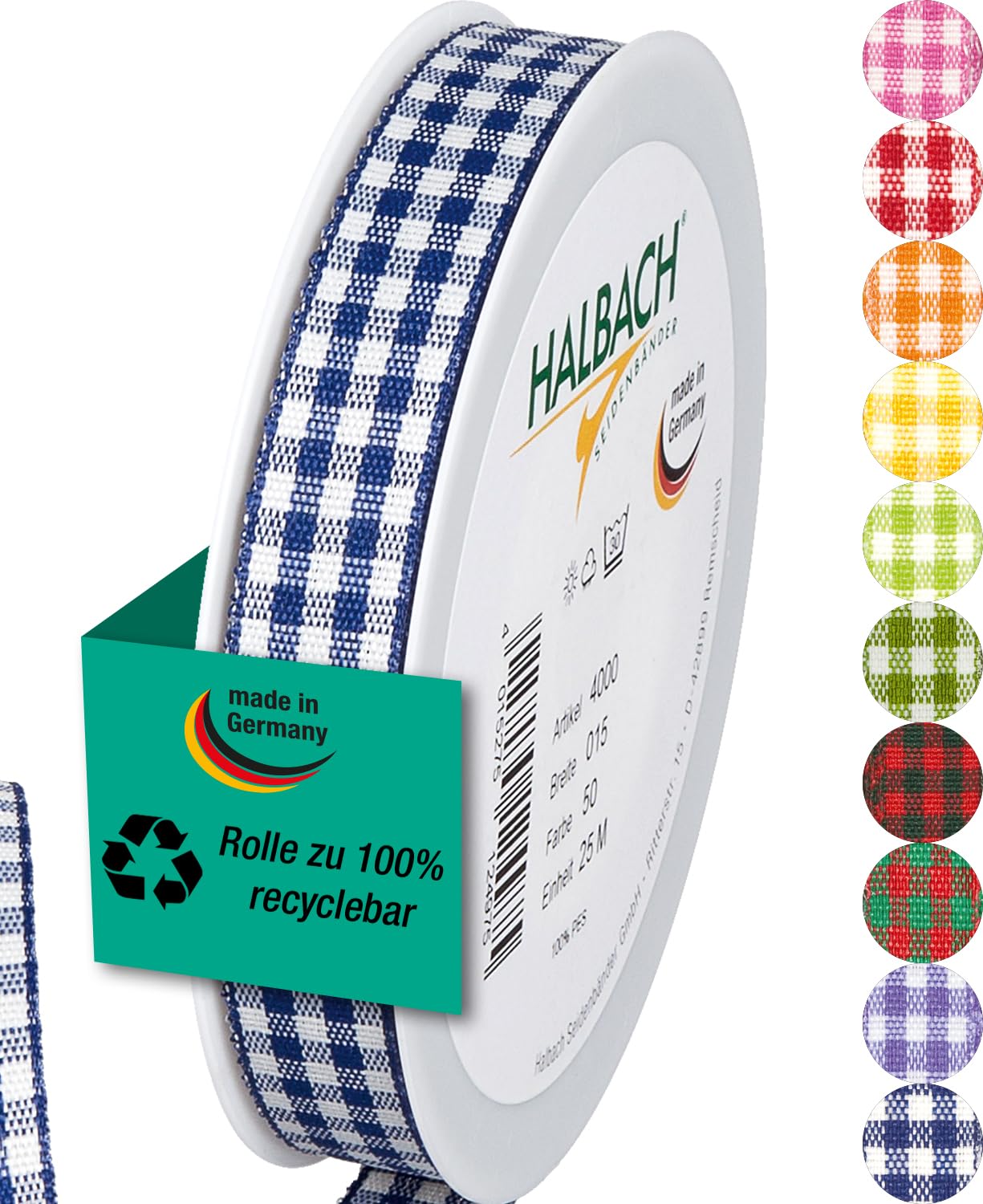 Halbach Seidenbänder Premium Vichy Chequered Gift Ribbon (Dark Blue) Width 15 mm Length 25 m Made in Germany Checked Ribbon in Many Colours — image 1
