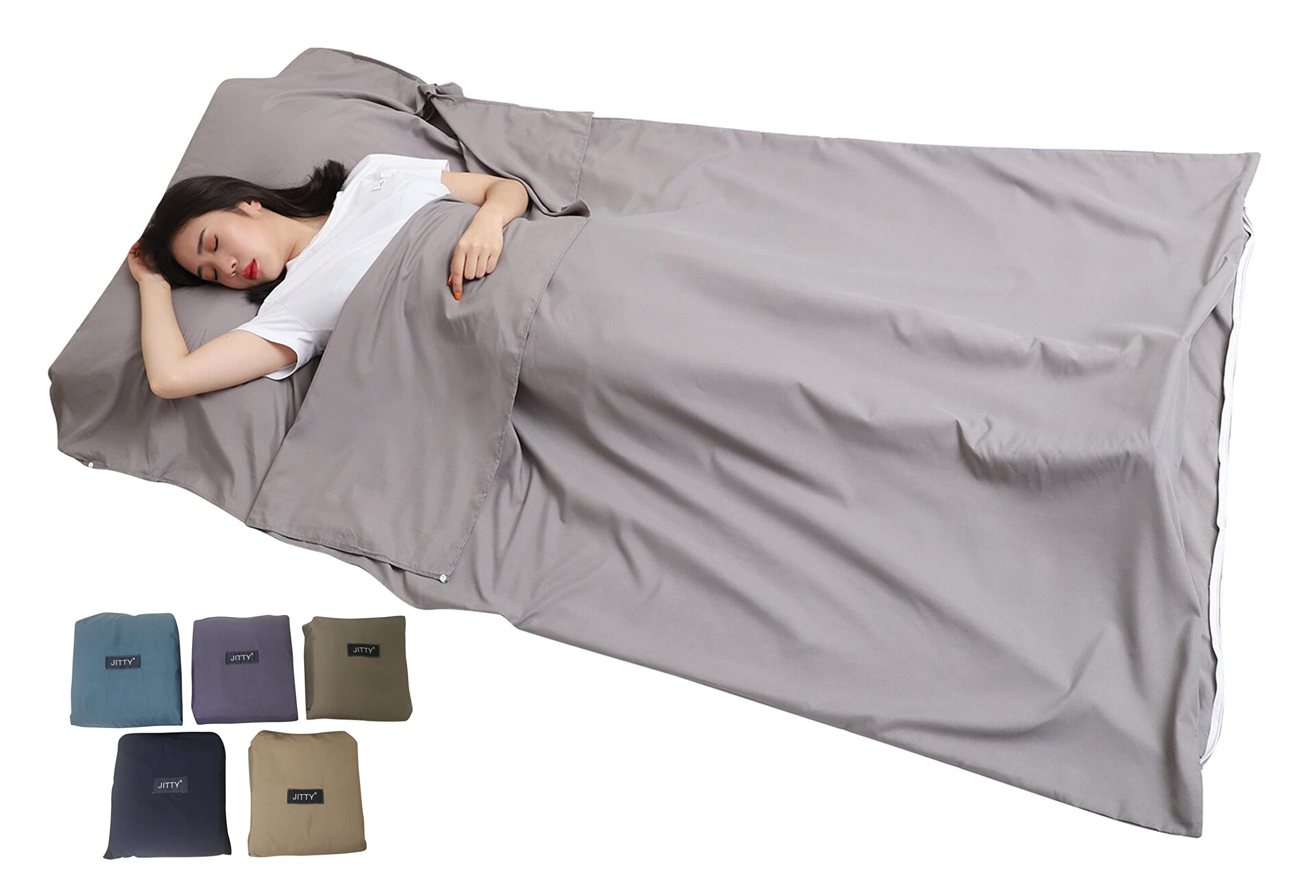 JITTY Sleeping Bag Liner 210x115cm Portable Lightweight Travel Sheet With Pillow Slot for Hotel Hostels Business Camping Backpacking Hiking Home(Silver Grey)