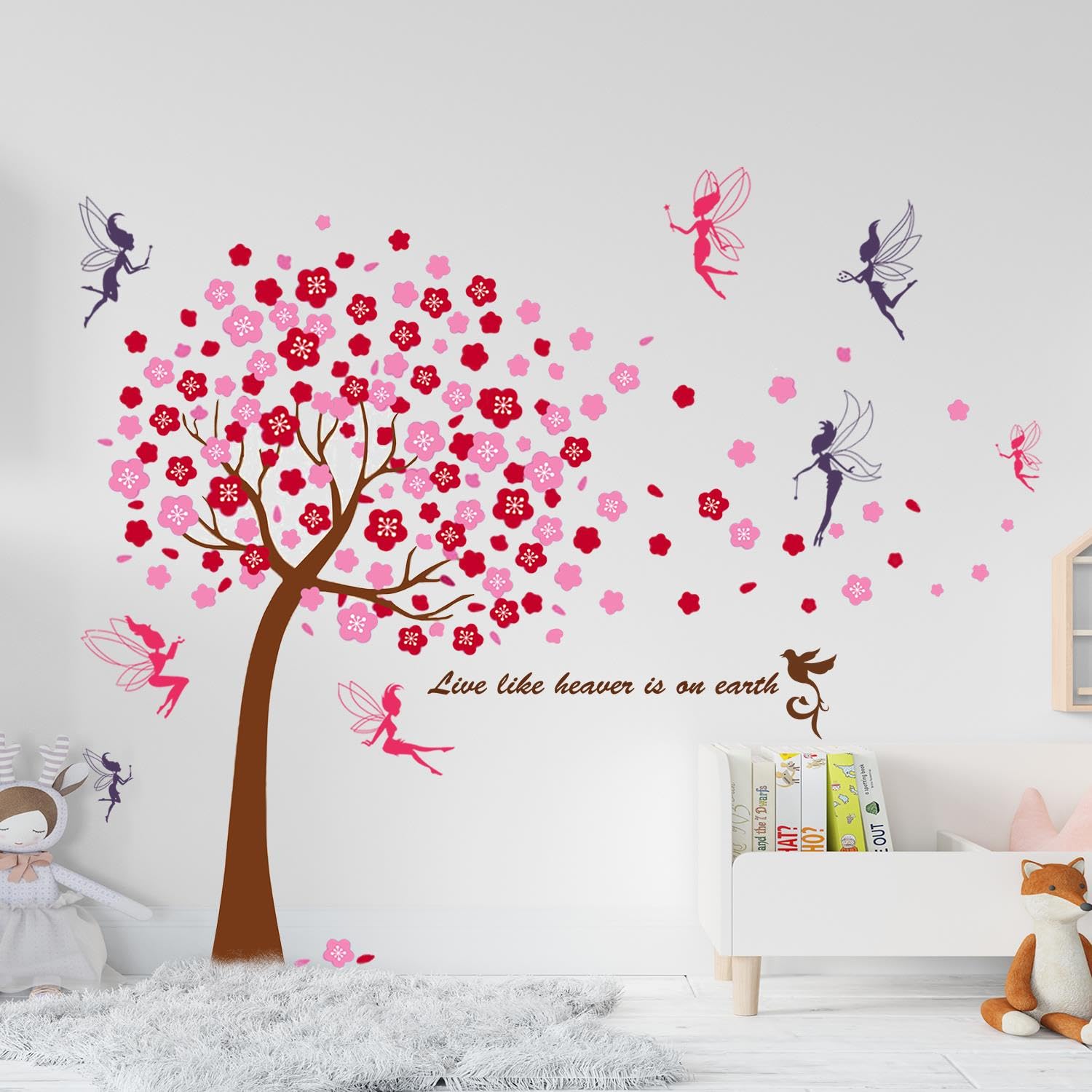 WALPLUS Pink Tree & Fairies Wall Stickers - Giant Peel & Stick Nursery Decor for Girls Bedroom, Playroom, Classroom (175cm x 150cm)