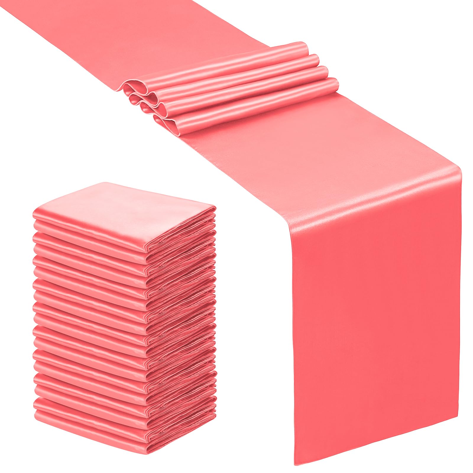 SiinvdaBZX 24 Pcs Coral Satin Table Runner 12 x 108 inches Long, Bright Smooth Satin Wedding Table Runner Decorations for Birthday Parties, Buffet, Banquets, Graduations, Engagements Image