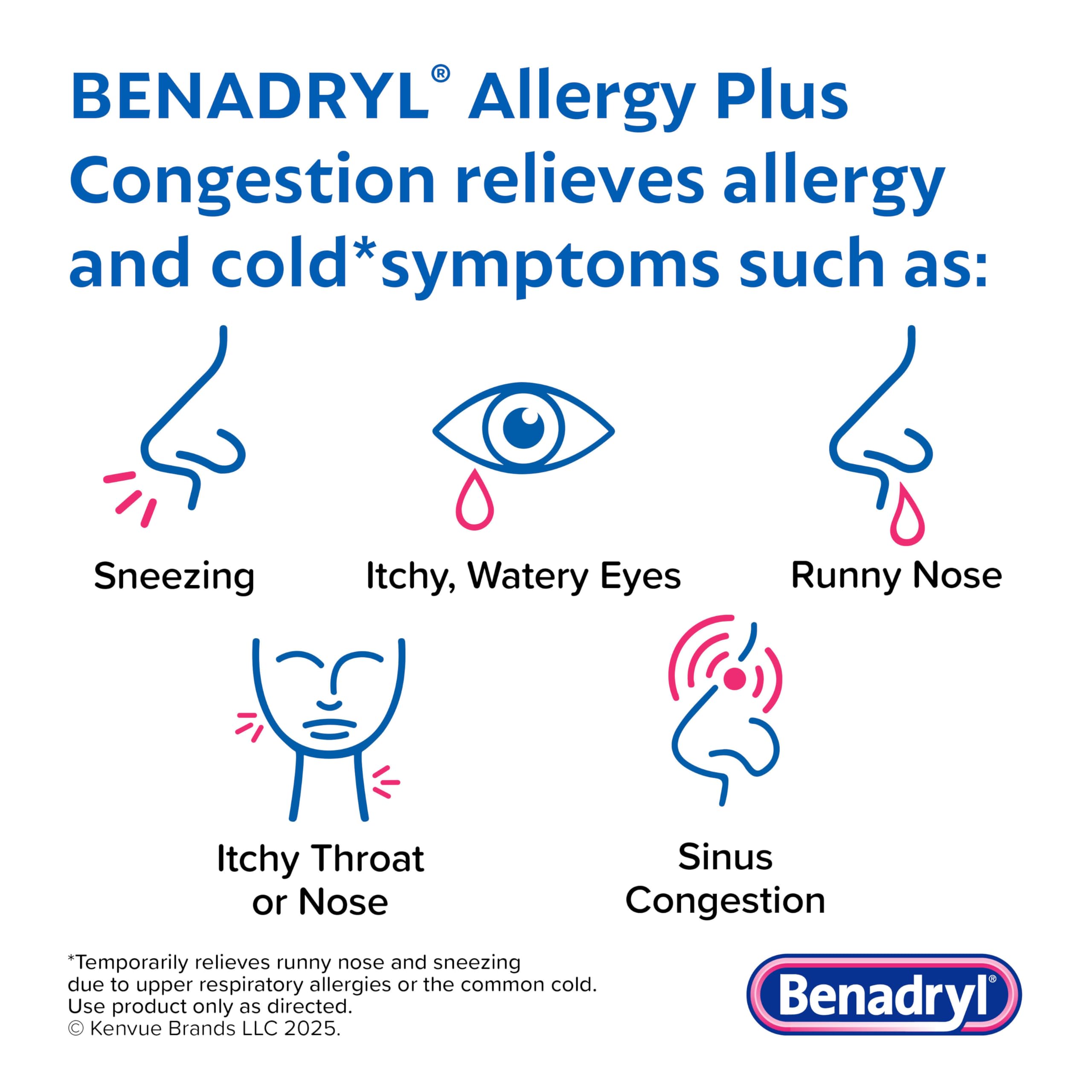 Benadryl Allergy Plus Congestion Ultratabs, Medicine with Diphenhydramine HCl Antihistamine & Phenylephrine HCl Nasal Decongestant, Allergy & Sinus Congestion Relief Tablets, 24 ct