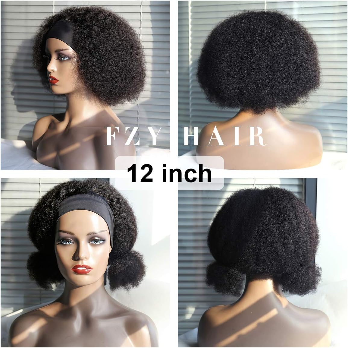 Headband Wig Human Hair 180% Density Curly Wigs for Black Women Glueless Wig with Band Brazilian Virgin Wear and Go Afro Kinky Curly Half Wig No Lace Front 10 Inch - Image 4