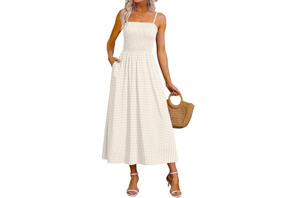 OFEEFAN Womens Spaghetti Strap Maxi Dresses Smocked with Pockets 2026 Summer Spring Casual Boho Beach Long Sundresses