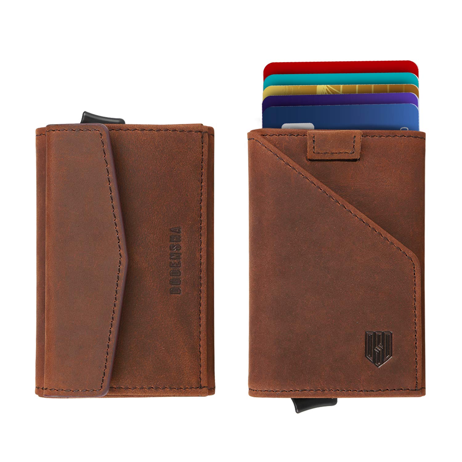 DODENSHA Card Holders Wallet, Speed Wallet Genuine Leather, Wallets Mens Slim Wallets Minimalist Wallet RFID Blocking with Pop Up Metal Bank Card Case, Large Coins Pocket, Can Holds 7-8 Cards