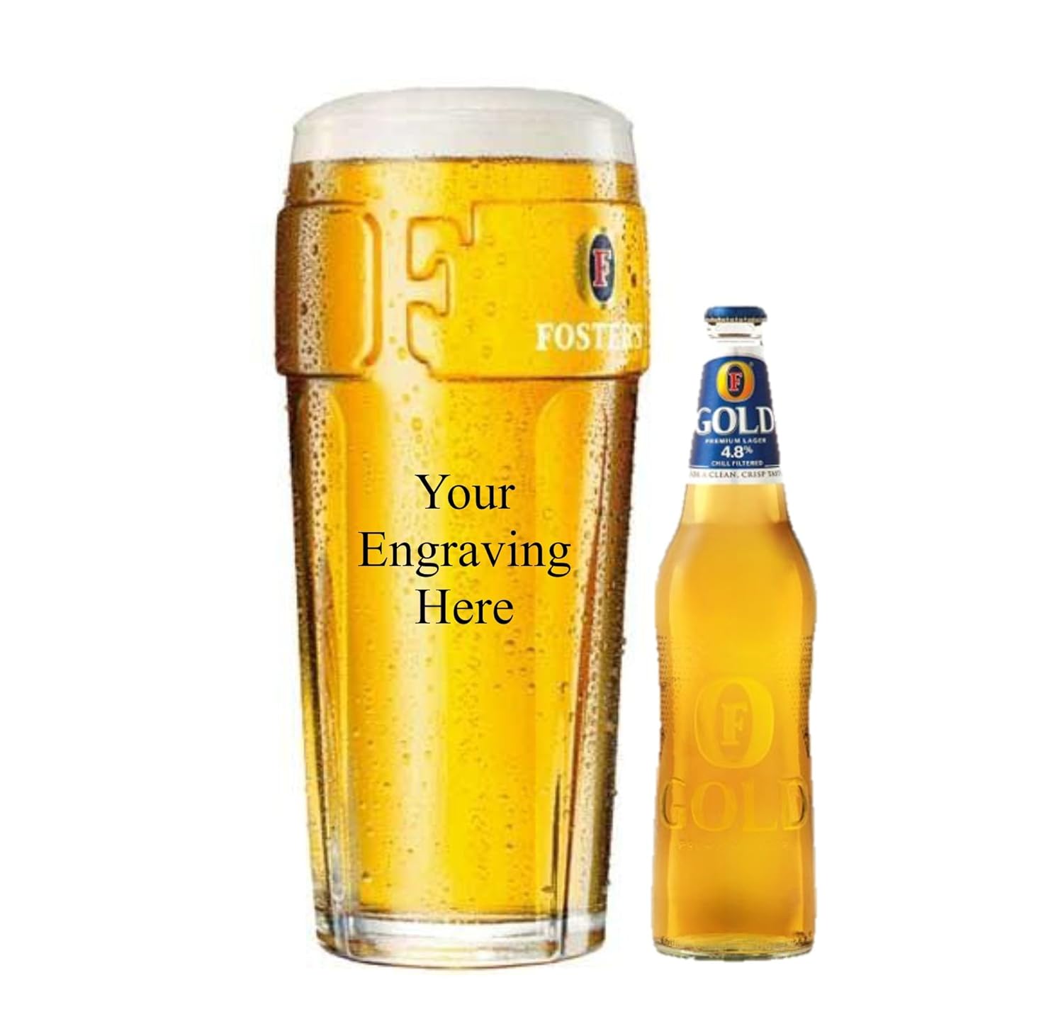 Personalised Engraved Fosters Pint glass, with 300 ml Bottle of Fosters
