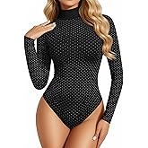 MANGOPOP Women's Sparkly Mock Turtle Neck Bodysuit Long Sleeve Shiny Rhinestone Body Suits Fall Outfits Tops