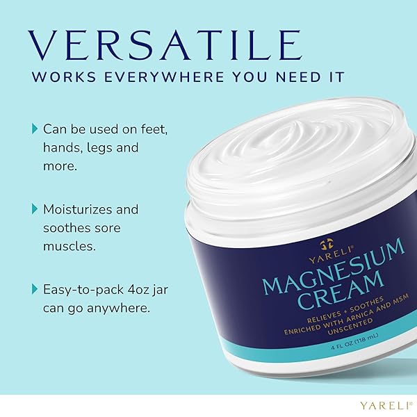 YARELI MAGNESIUM LOTION FOR SLEEP AND PAIN RELIEF, UNSCENTED BODY AND FOOT CREAM WITH TOPICAL MAGNESIUM CHLORIDE, ARNICA AND MSM FOR ADULTS AND KIDS, 4OZ
