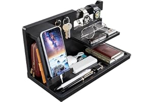 Yirilan Wood Phone Docking Station, Nightstand Organizer, Birthday Gifts for Men -Gifts for Dad/Boyfriend/Grandpa, Anniversary, Christmas, Graduation Travel Idea Gadgets-Black