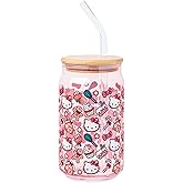Silver Buffalo Sanrio Hello Kitty Gingerbread Cookies Christmas Holiday Pink Glass Jar Tumbler with Bamboo Lid and Glass Straw, 16 Ounces