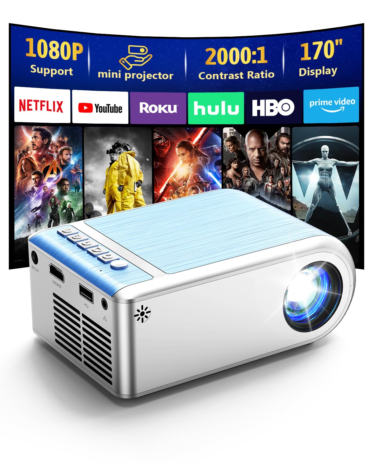 Photo 1 of Mini Projector with WiFi and Bluetooth, Outdoor Portable Mini Projector for iPhone Supports 1080P with Built-in Speaker, Movie Projector for Home Theater Compatible with PC/TV Stick/HDMI (Basic 220)