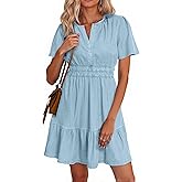 Simplee Womens Summer Denim Dress Casual Short Sleeve Mini Dress Boho Beach Flowy Tiered Short Jean Dresses with Pockets