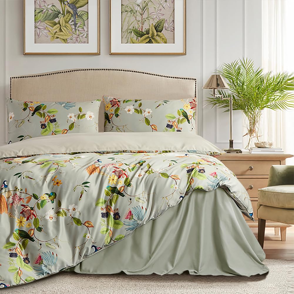 Photo 1 of mixinni Garden Style Floral Birds 3 Pieces Duvet Cover King Size Green Leaves Pattern Printed Soft Cotton Comforter Cover with 2 Pillowcases with Zipper Closure for Him and Her-(3pcs, King Size)
