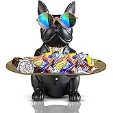 Huhote Bulldog Tray Statue, Sitting Bulldog Candy Dish Key Holder Bowl, Bulldog Accessories, Resin Statues for Office Desk Home Decor Figurines Entryway Table Decor (Black)