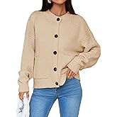 Saodimallsu Womens Button Up Cardigans Fall Crew Neck Fuzzy Knit Long Sleeve Cropped Sweater Jacket with Pockets