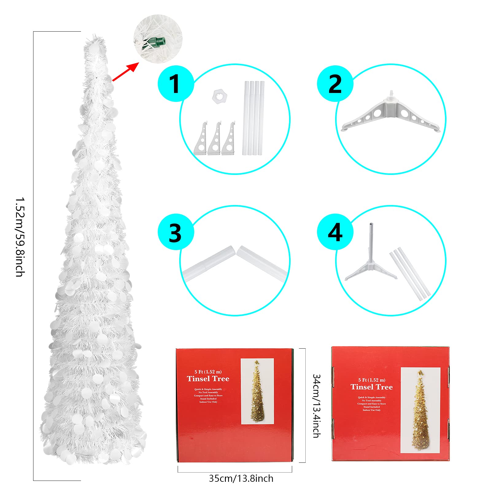Aqlithle 5ft Pop Up White Tinsel Artificial Christmas Tree, Cost Effective, Space Saving, Easy to Set Up and Store, Perfect for Holiday Decor