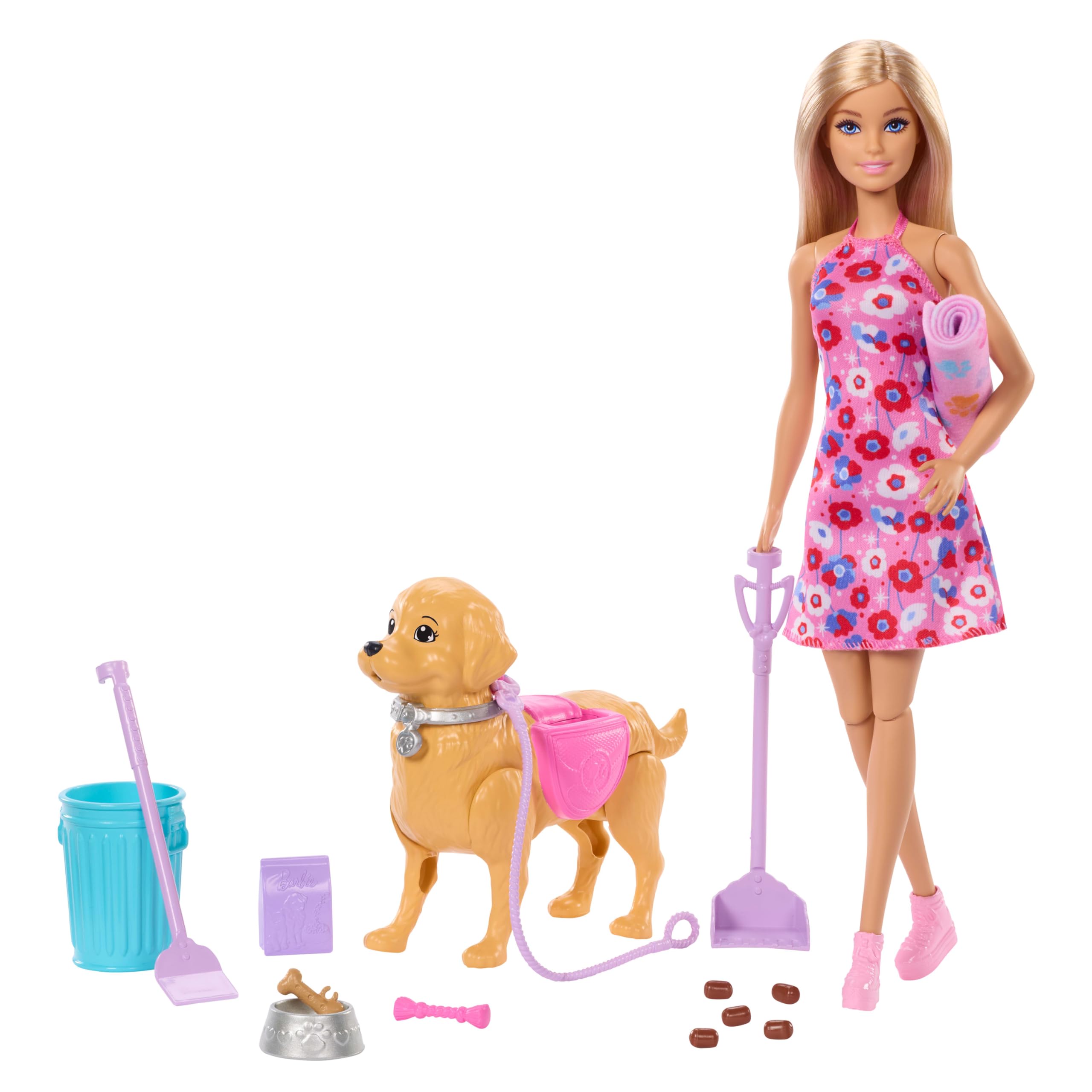 Barbie Walk & Potty Pup Toy Set, Includes Toy Dog that Walks & Goes Potty, Malibu” Doll, Plus Pooper Scooper & Pet Accessories, JJB46